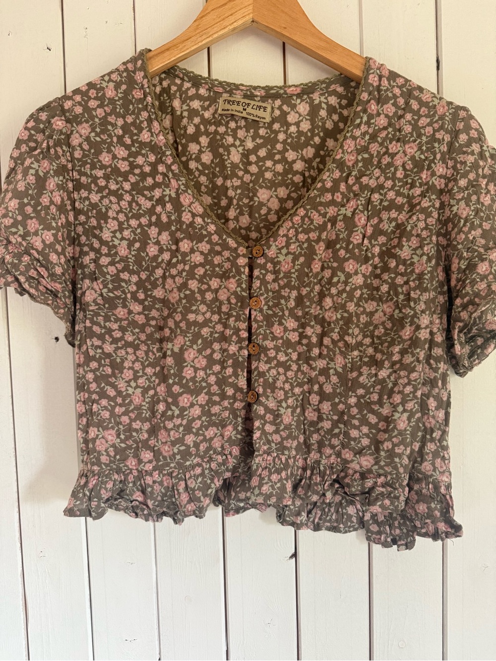 Tree of Life Olive Green and Pink Floral Ruffle Hem Button Top
